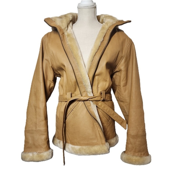 Jackets & Blazers - Vintage XL Leather Fur Trim Shearling Belted Coat Tan Marcia Collection